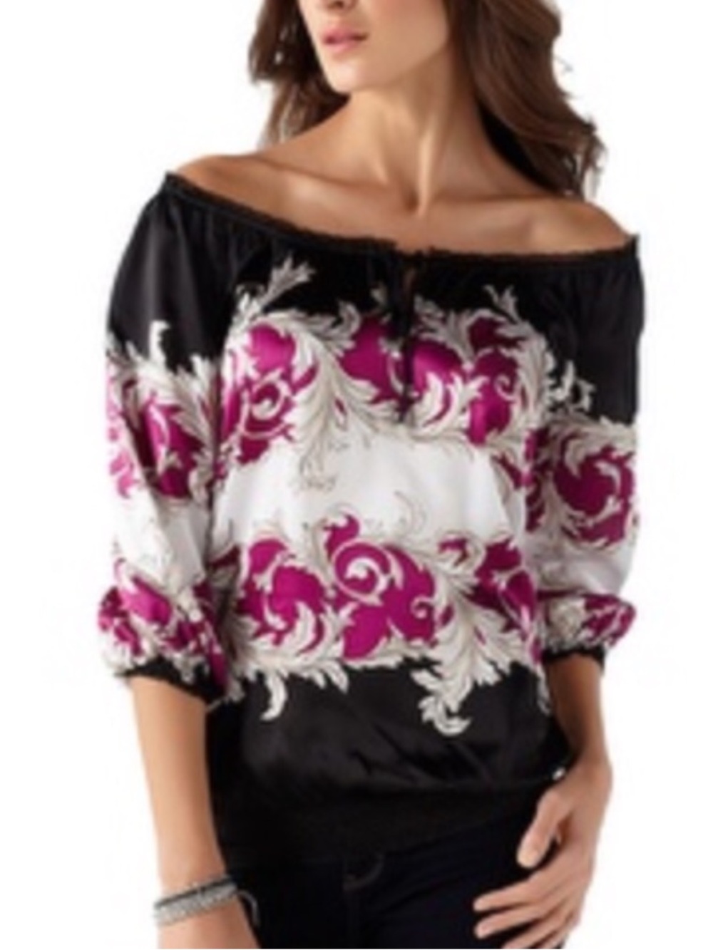 White House Black Market Black and Fuchsia Scarf-Print Off-Shoulder Blouse